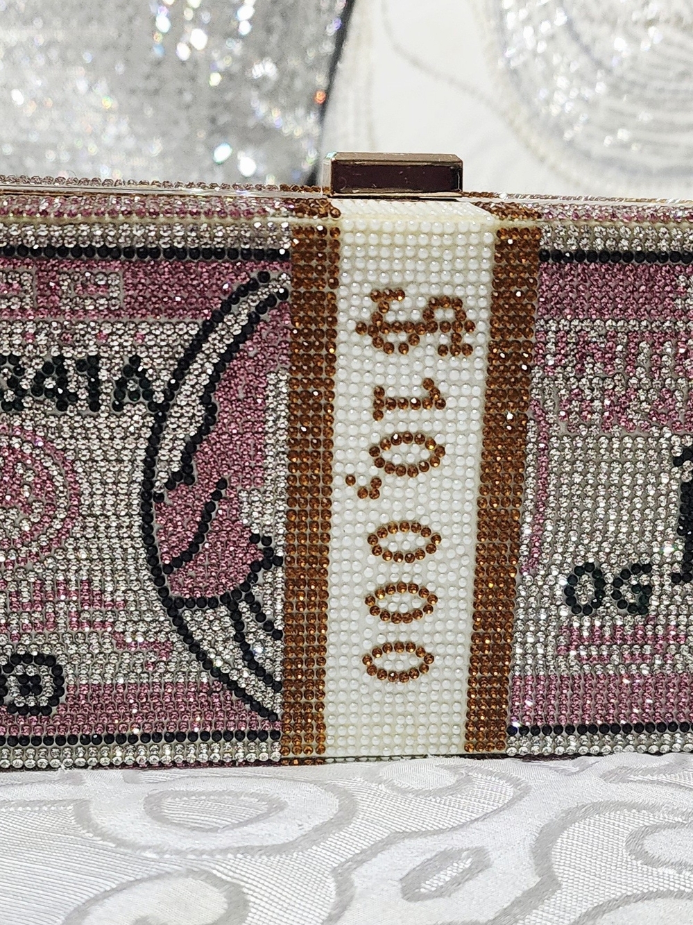 Crystal Embellished Pink Money-Print Clutch Bag